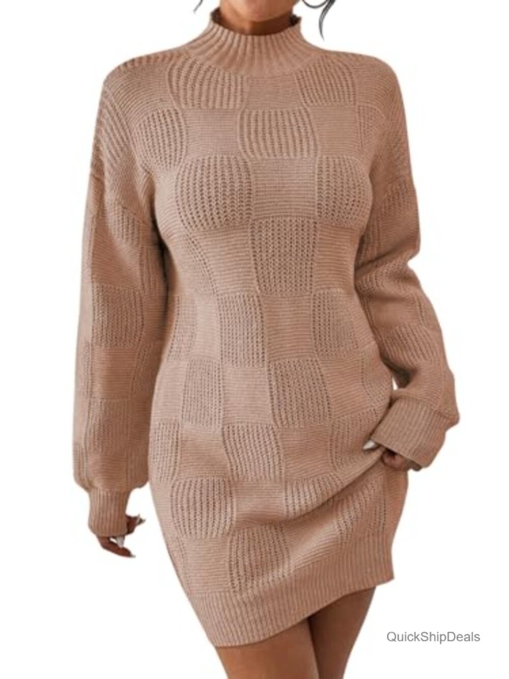Plaid Knit Sweater Dress Mock Neck Lantern Sleeve Mini Shift Dress
